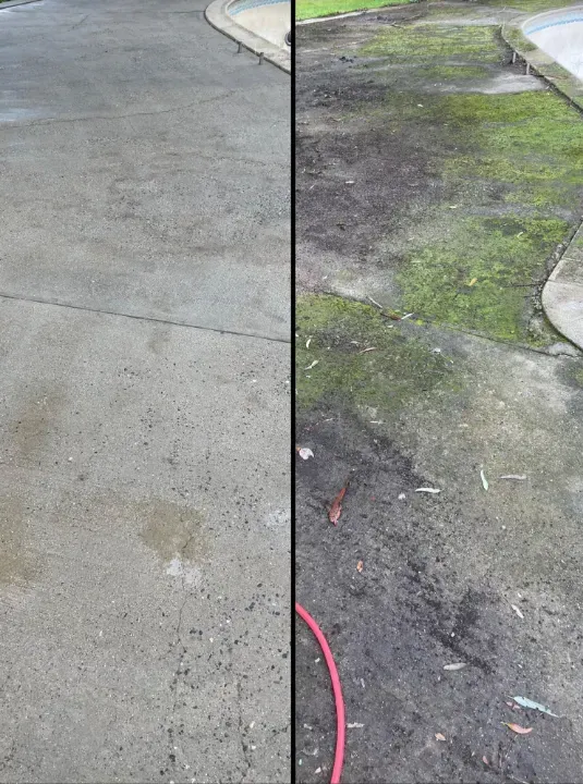 A before and after picture of a concrete driveway.