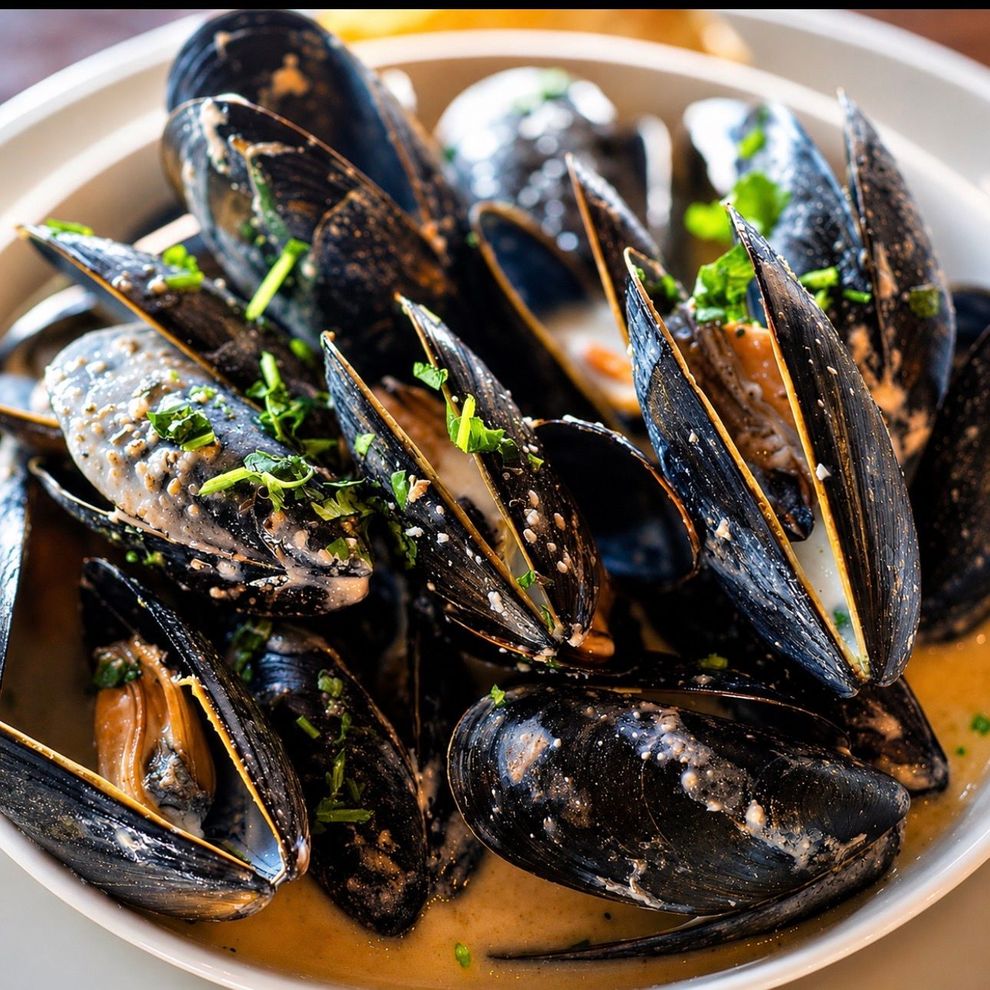 Plated mussels garnished with herbs in a savory broth