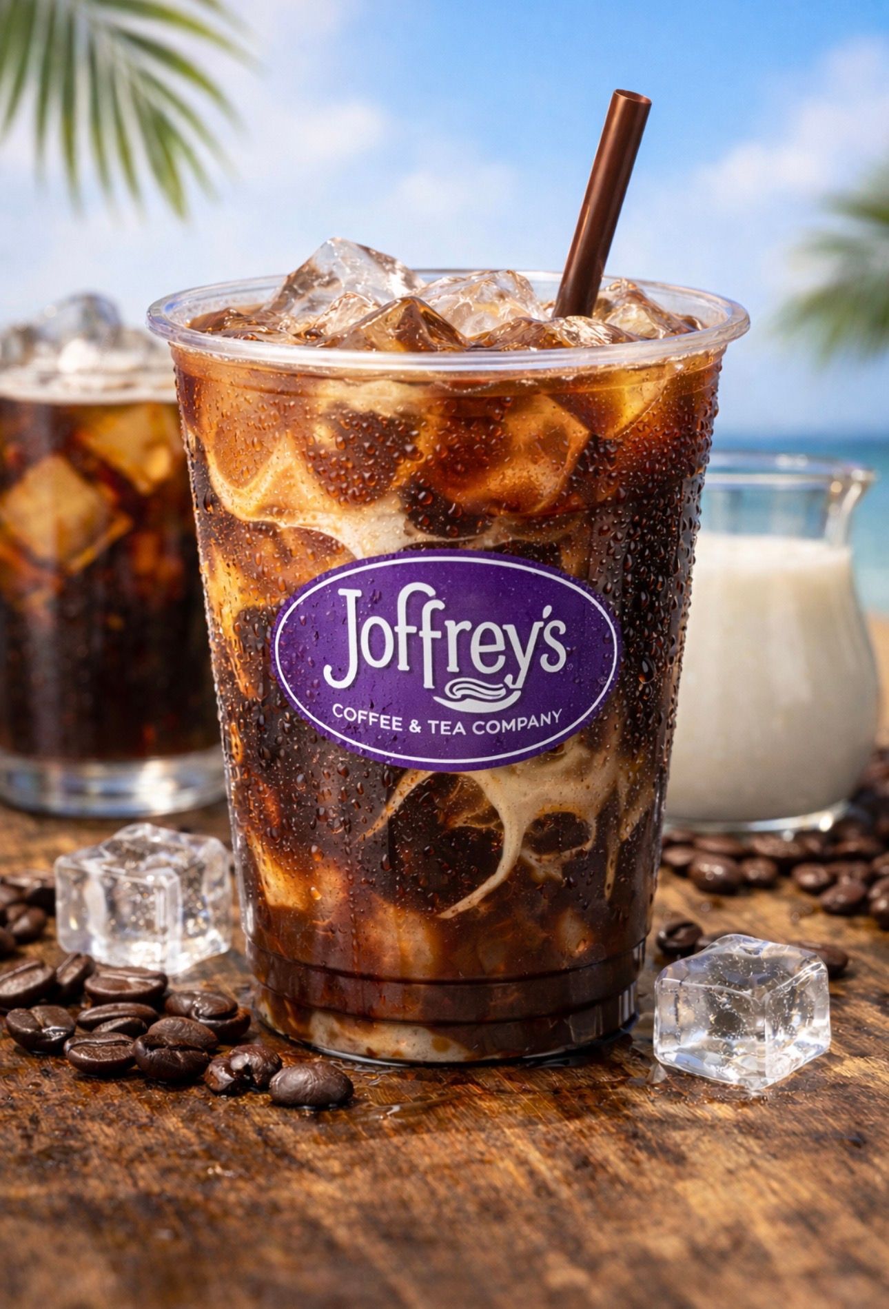Iced coffee in a Joffrey’s cup with ice and a straw on a beach backdrop