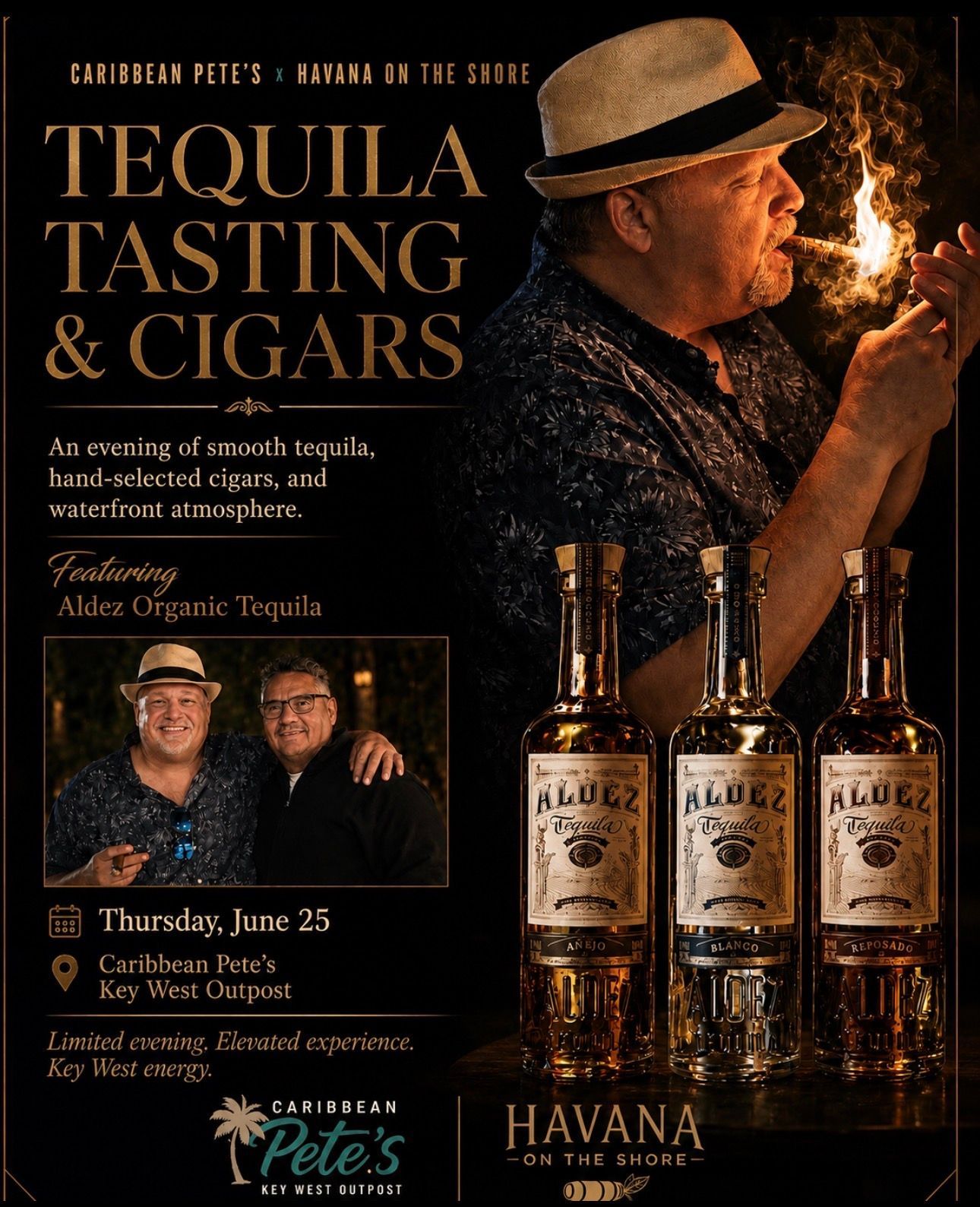 Tequila tasting and cigars event poster with man in hat, burning cigar, and three tequila bottles