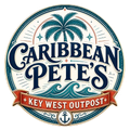 Caribbean Pete&rsquo;s Key West Outpost logo with palm trees, waves, and an anchor in navy, teal, and red