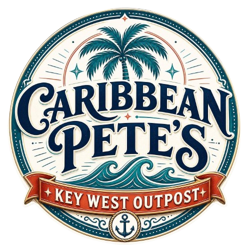 Caribbean Pete&rsquo;s Key West Outpost logo with palm trees, waves, and an anchor in navy, teal, and red