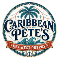 Caribbean Pete&rsquo;s Key West Outpost logo with palm trees, waves, and an anchor in navy, teal, and red
