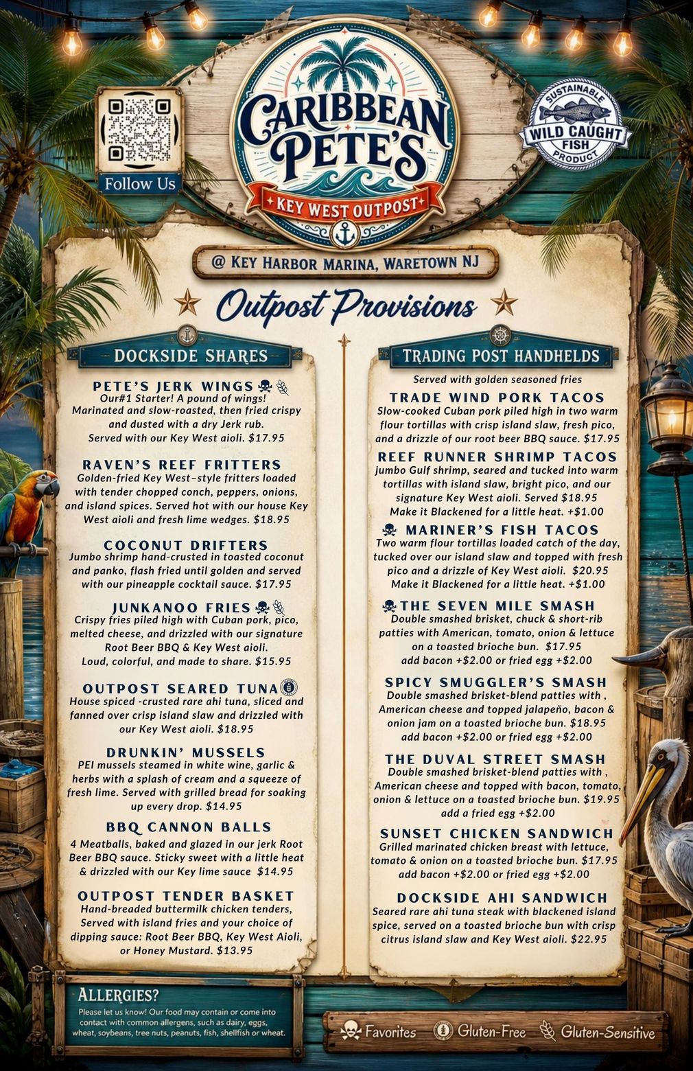 Caribbean Pete’s nautical-themed menu board with pirate logo, tiki lights, and two-column food and drink listings