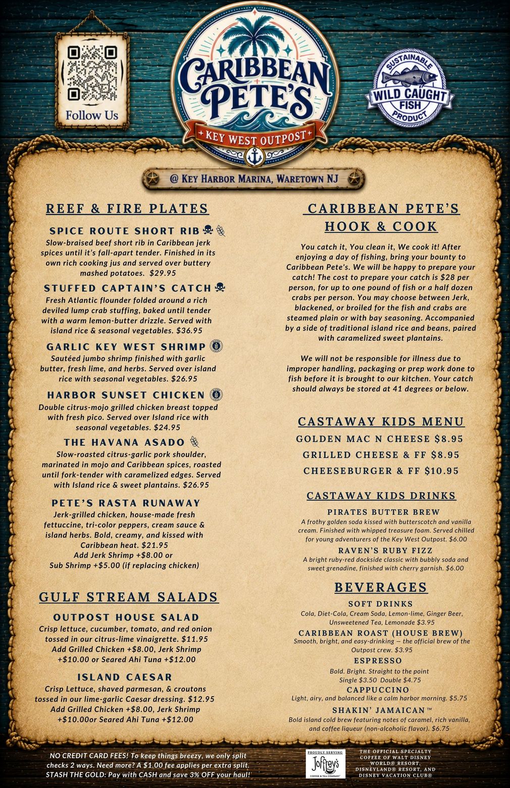 Caribbean-themed menu on parchment background with decorative logos and two columns of food and drink items