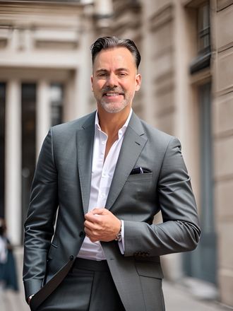 A man in a suit and white shirt is standing in front of a building.