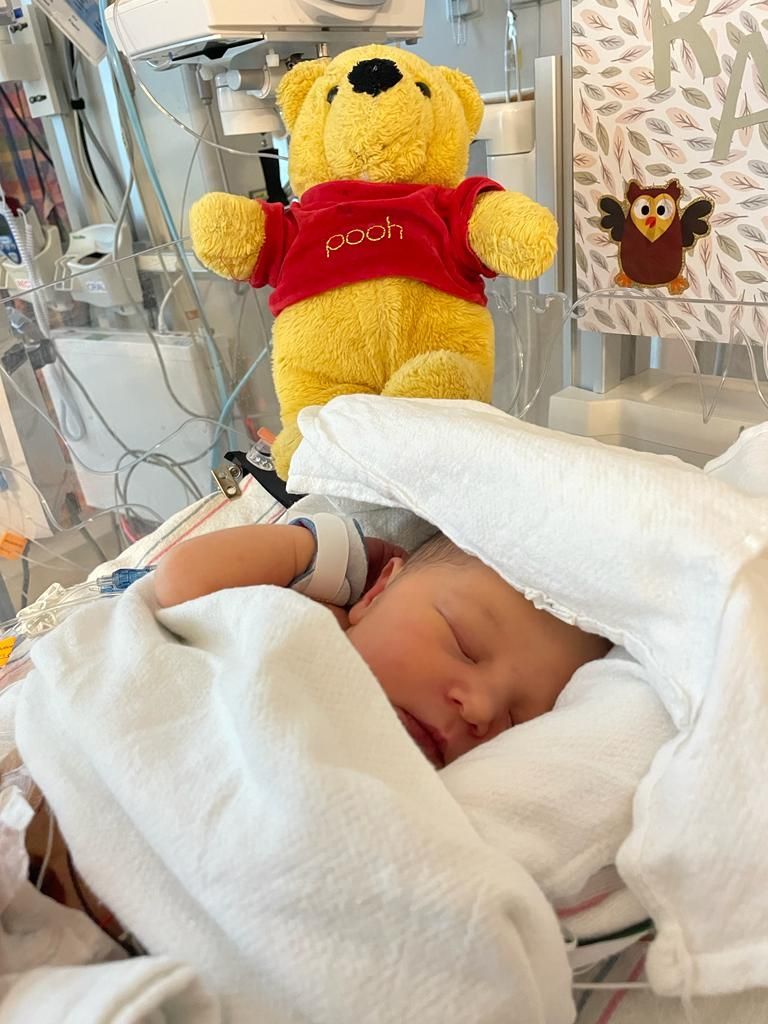 A baby is sleeping in a hospital bed next to a winnie the pooh teddy bear.