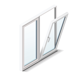 An isometric view of a window with the glass open.