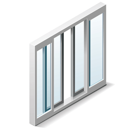 An isometric view of a sliding glass door on a white background.