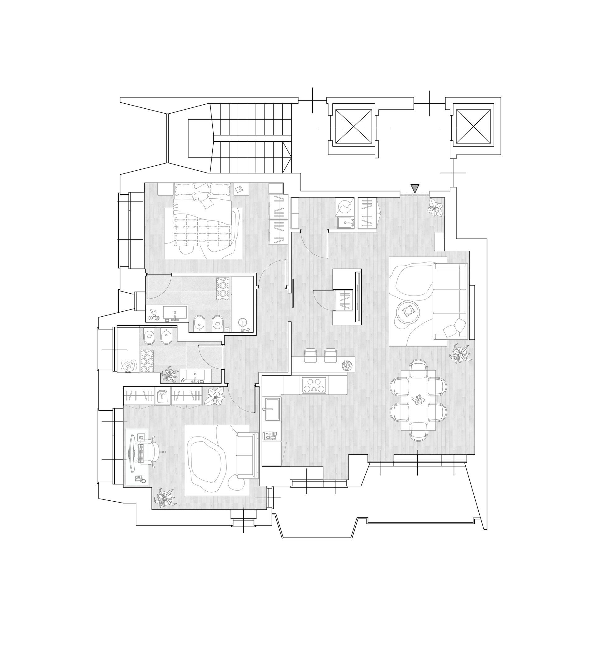 Planimetria architettonica di una casa, che mostra la disposizione delle stanze e degli arredi.