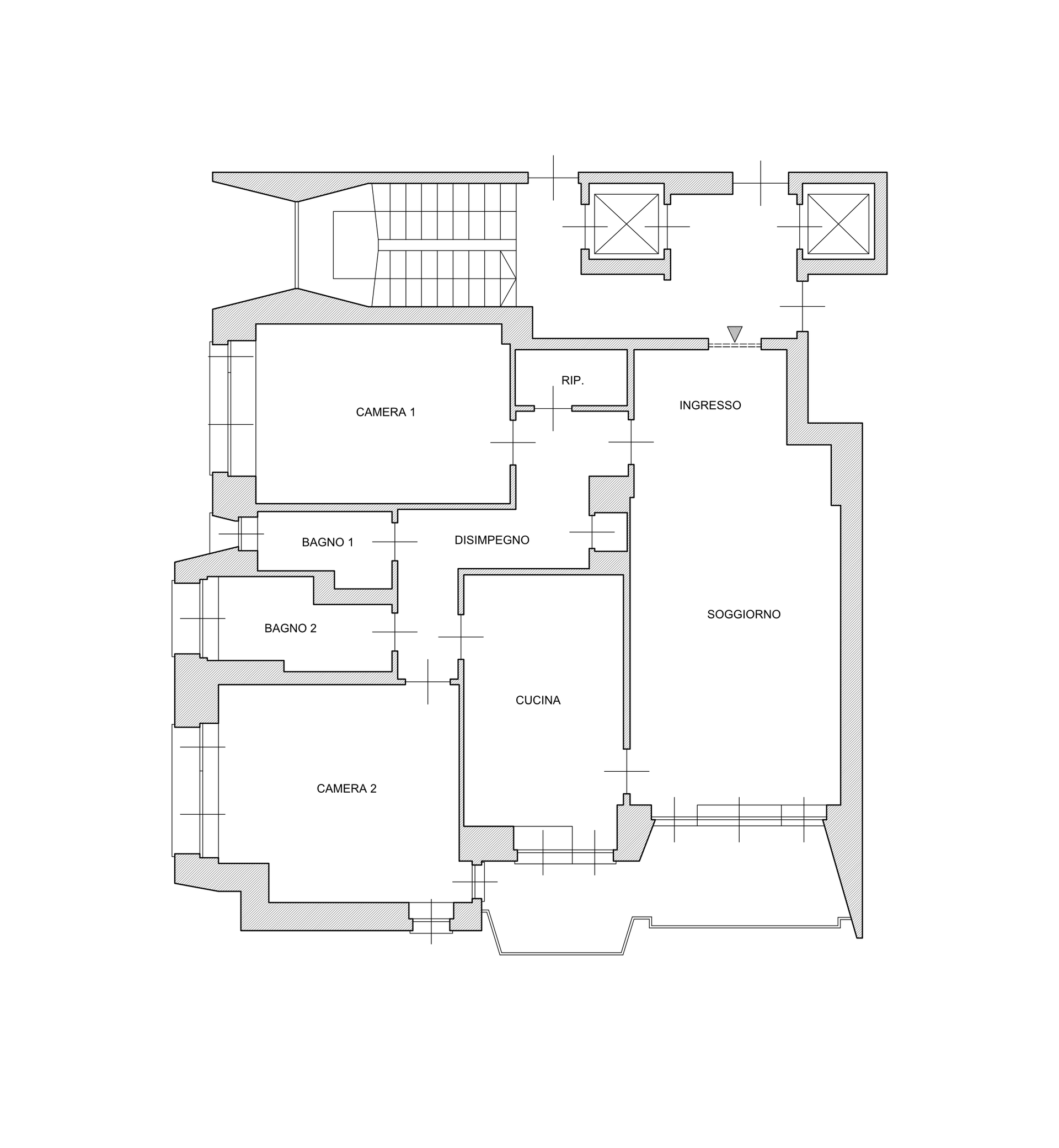 Planimetria di un edificio con diverse stanze, tra cui soggiorno, cucina e camere da letto.