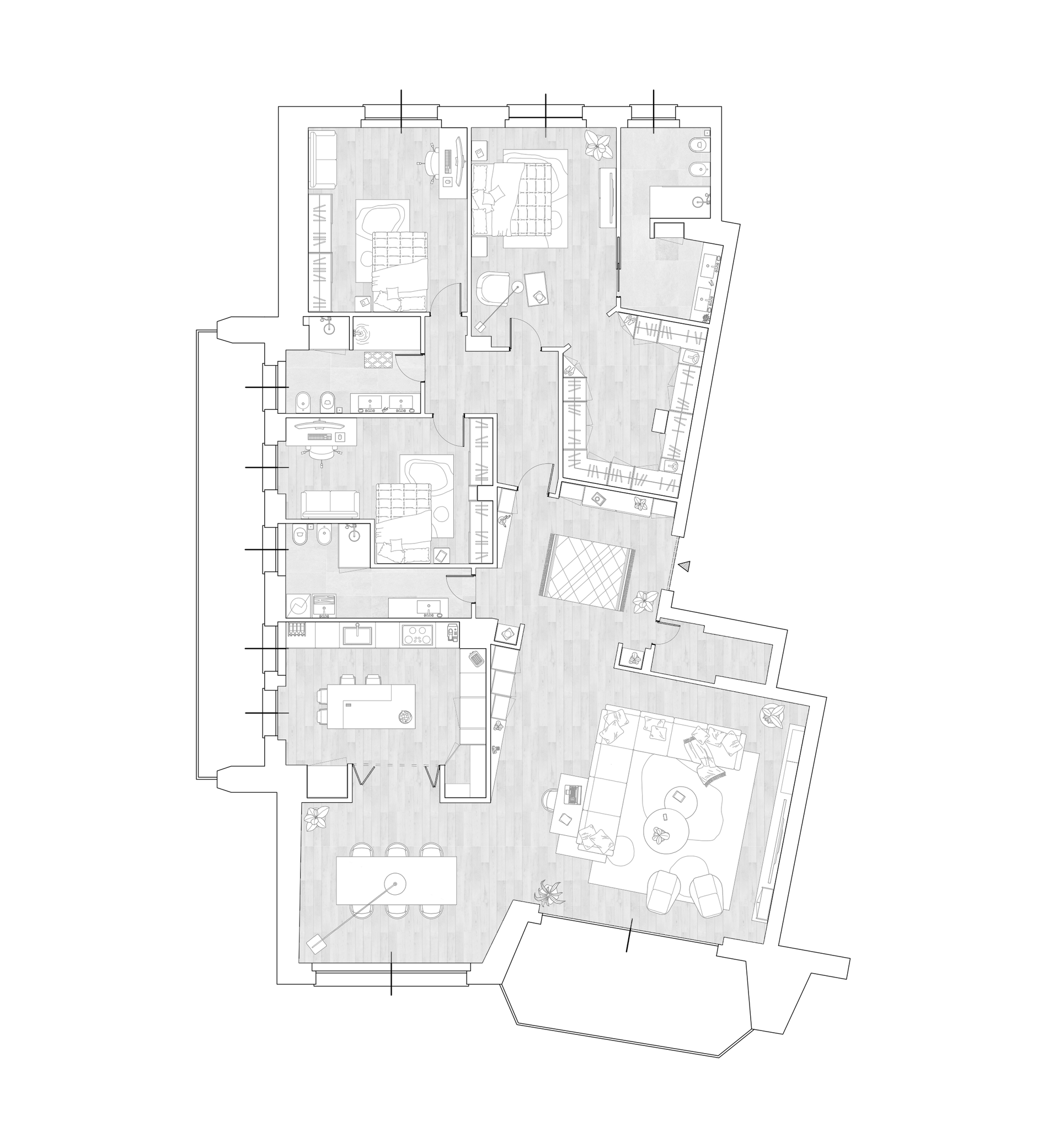 Planimetria architettonica di una casa, che mostra la disposizione delle stanze e degli arredi.