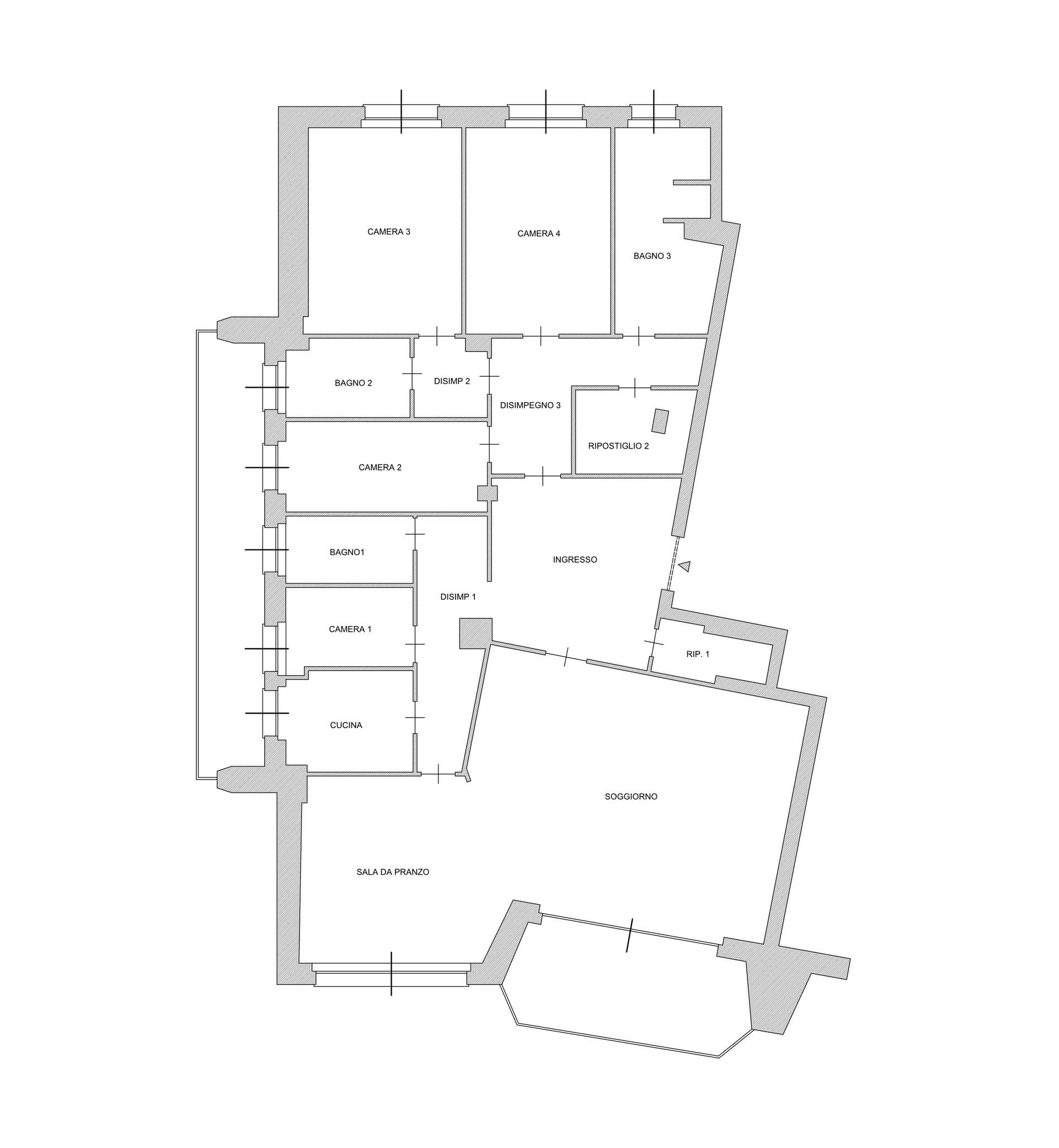 Planimetria di un edificio con diverse stanze, tra cui soggiorno, cucina e camere da letto.