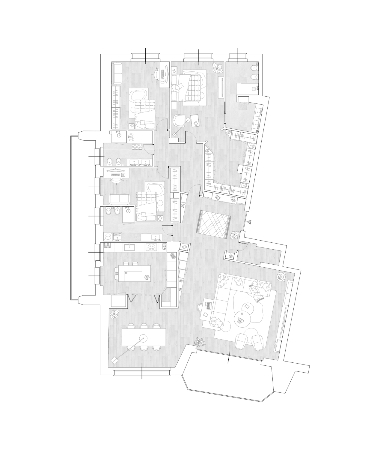 Planimetria architettonica di una casa, che mostra la disposizione delle stanze e degli arredi.