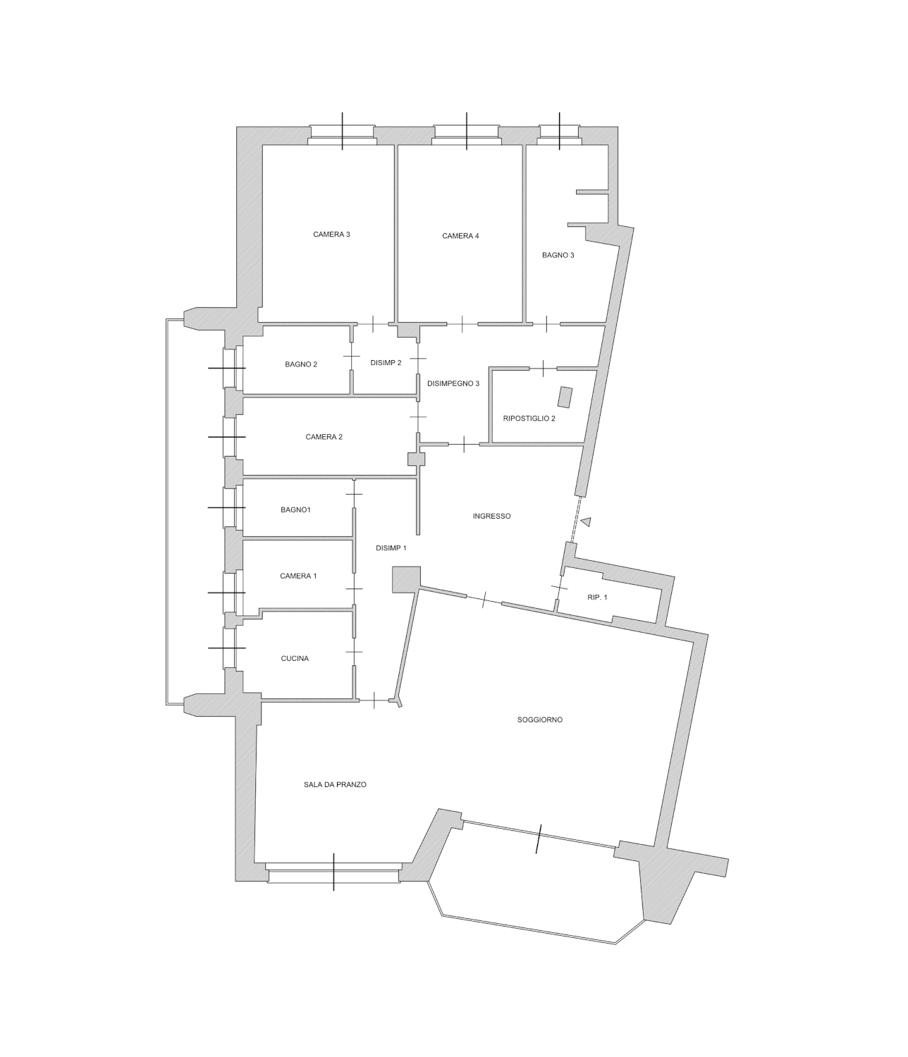 Planimetria di un edificio con diverse stanze, tra cui soggiorno, cucina e camere da letto.