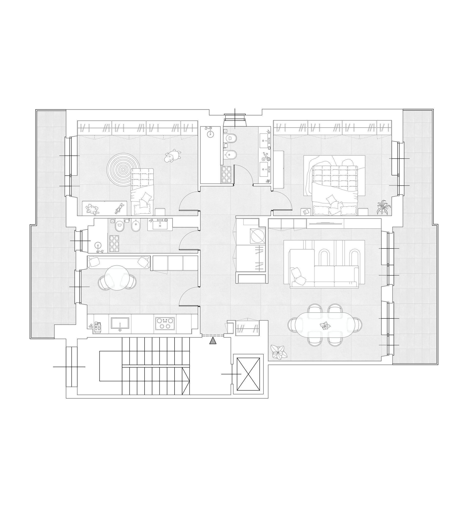 Planimetria architettonica di una casa, che mostra la disposizione delle stanze e degli arredi.