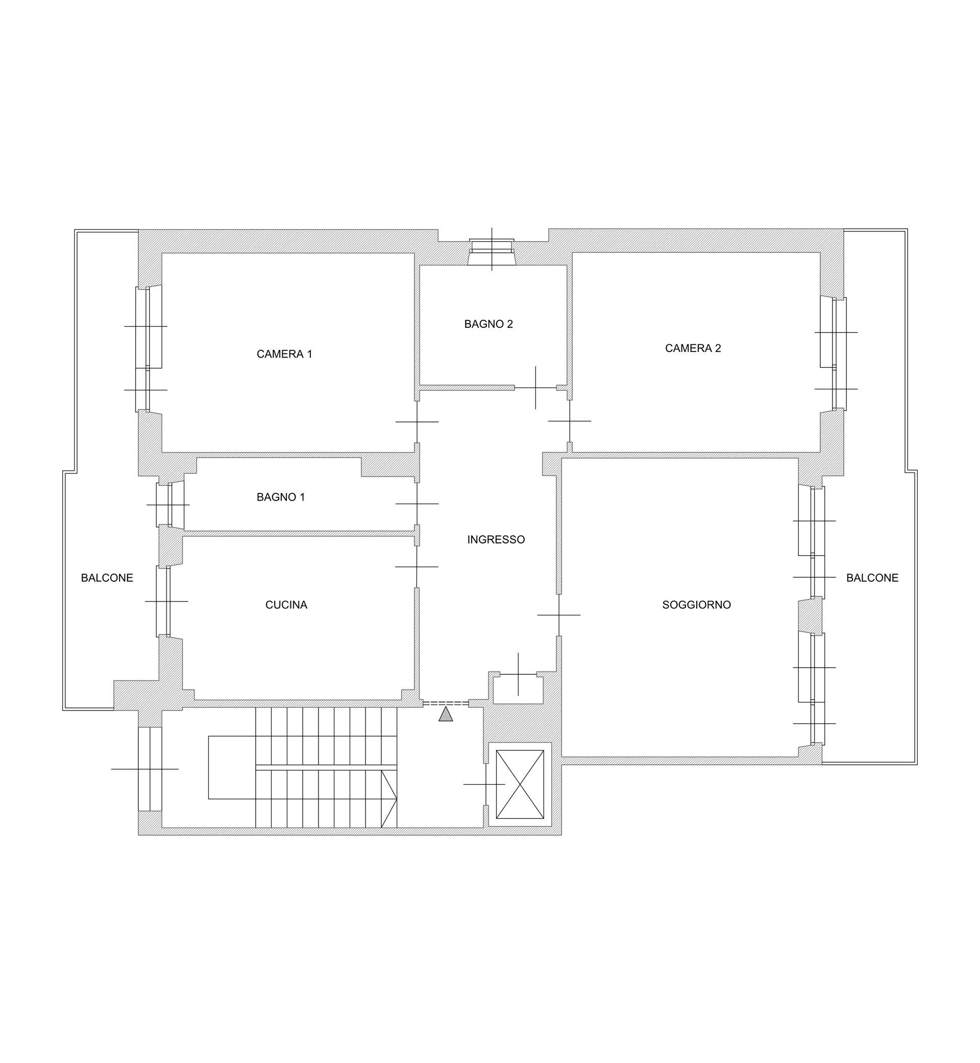 Planimetria di un edificio con diverse stanze, tra cui soggiorno, cucina e camere da letto.