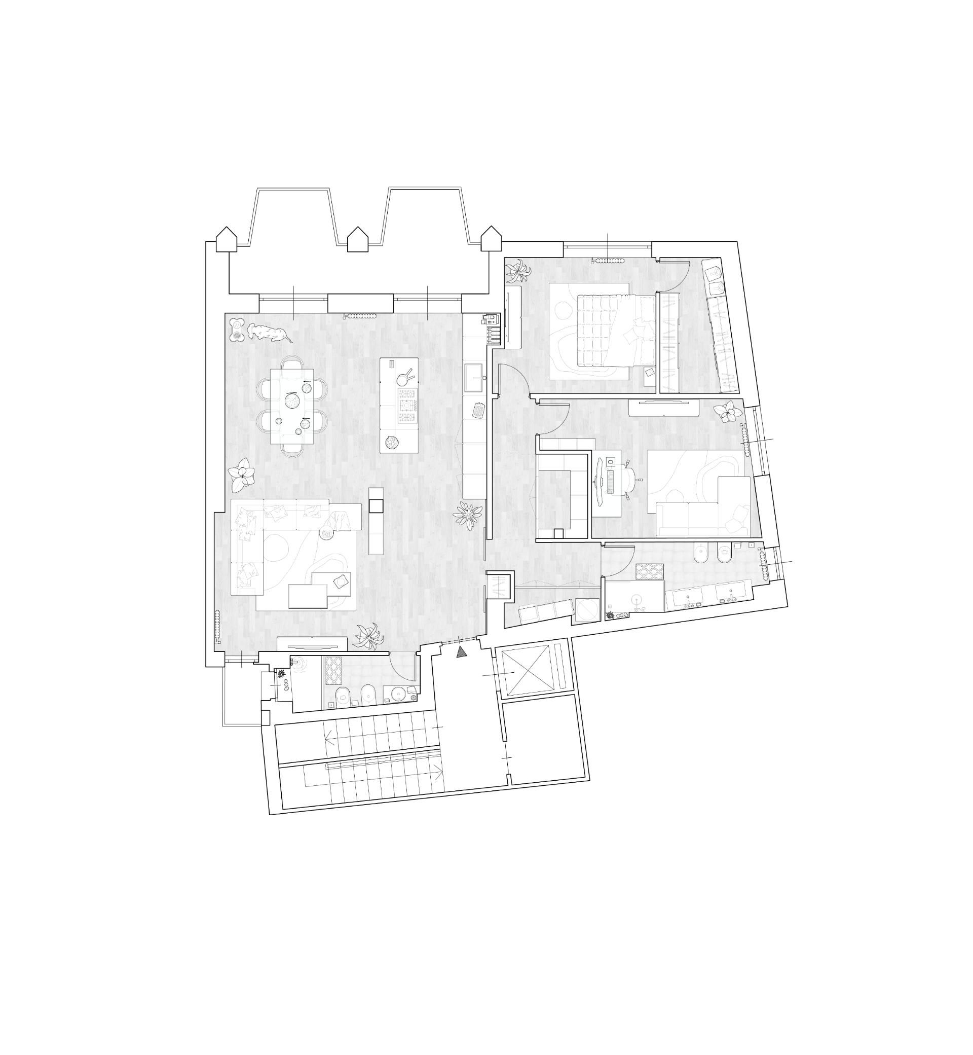 Planimetria architettonica di una casa, che mostra la disposizione delle stanze e degli arredi.