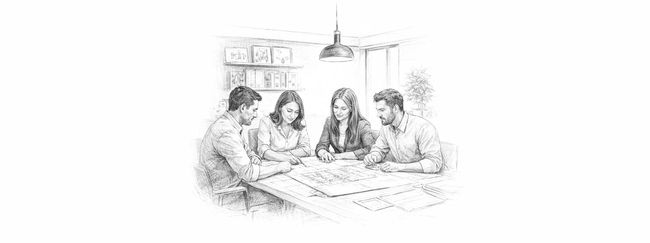 Soggiorno con divano grigio e scaffalatura che separa la cucina.