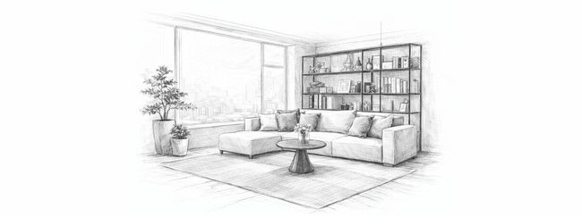 Libreria in metallo nero piena di libri, piante e decorazioni, che separa il soggiorno.