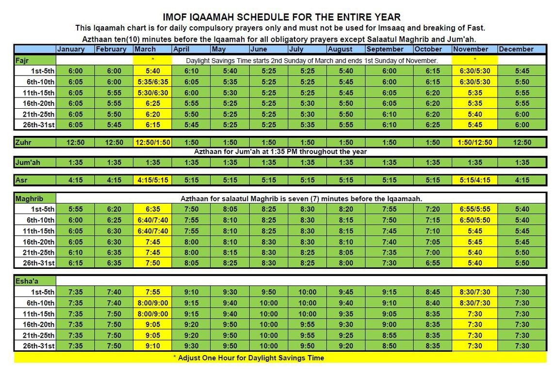 Masjid IMOF Iqaamah Schedule