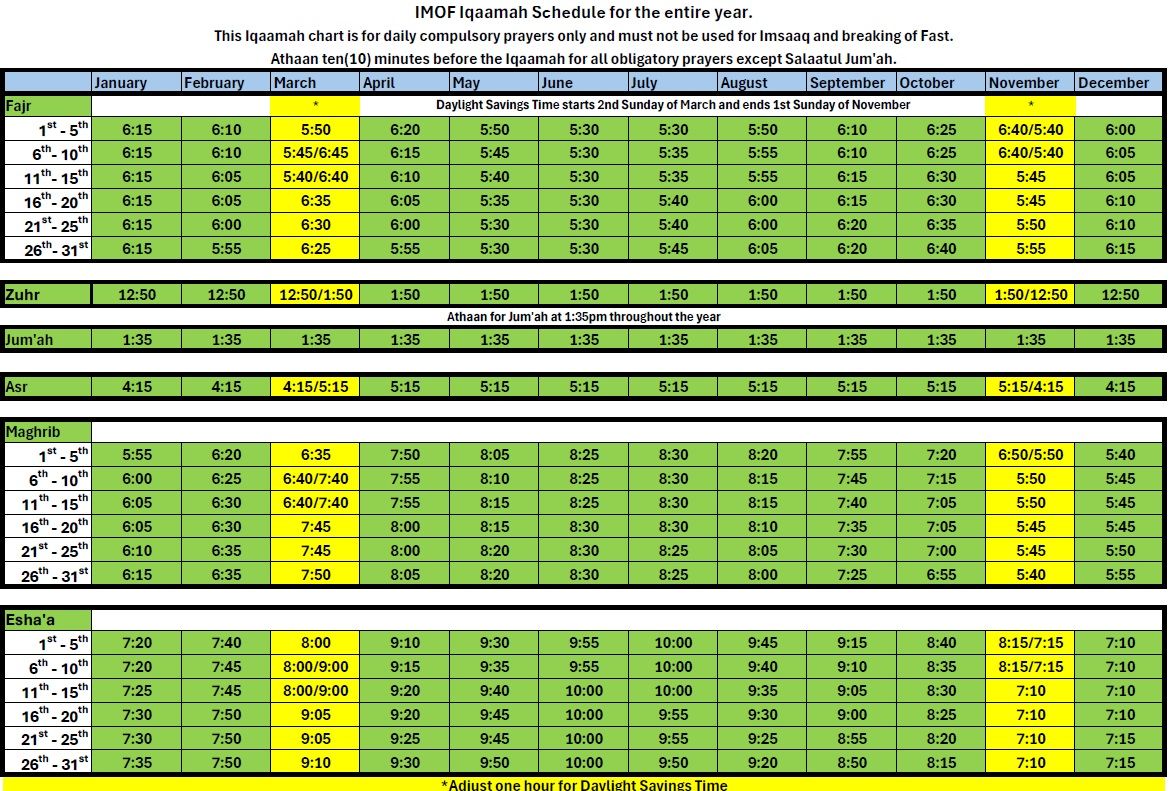 Masjid IMOF Iqaamah Schedule
