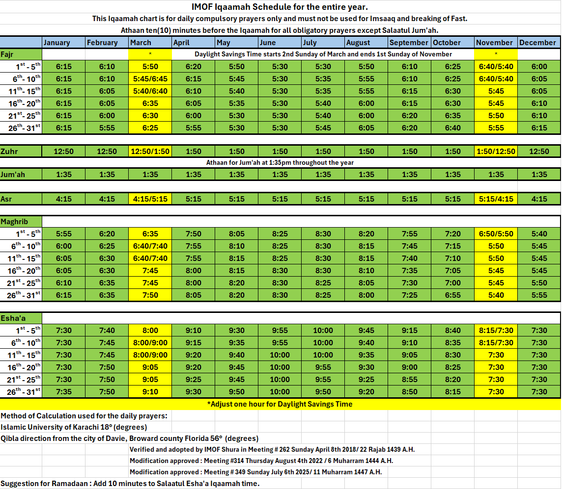 Masjid IMOF Iqaamah Schedule