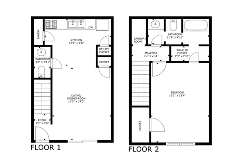 Two-story apartment floor plan with kitchen, living room, bedroom, and bathroom.