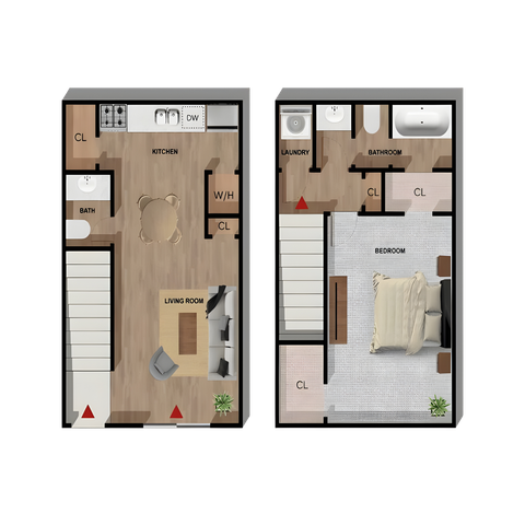 Two-story apartment floor plan with kitchen, living room, bedroom, and bathroom.