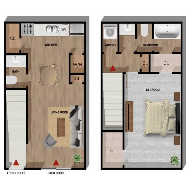 Two-story apartment floor plan with kitchen, living room, bedroom, and bathroom.