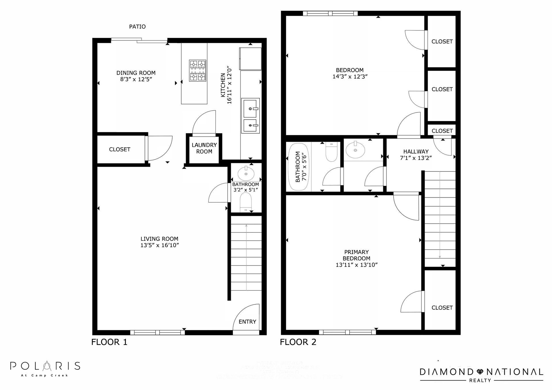Floor plan of a two-story townhome. Shows layout of rooms: kitchen, dining, living, laundry, and bedrooms.