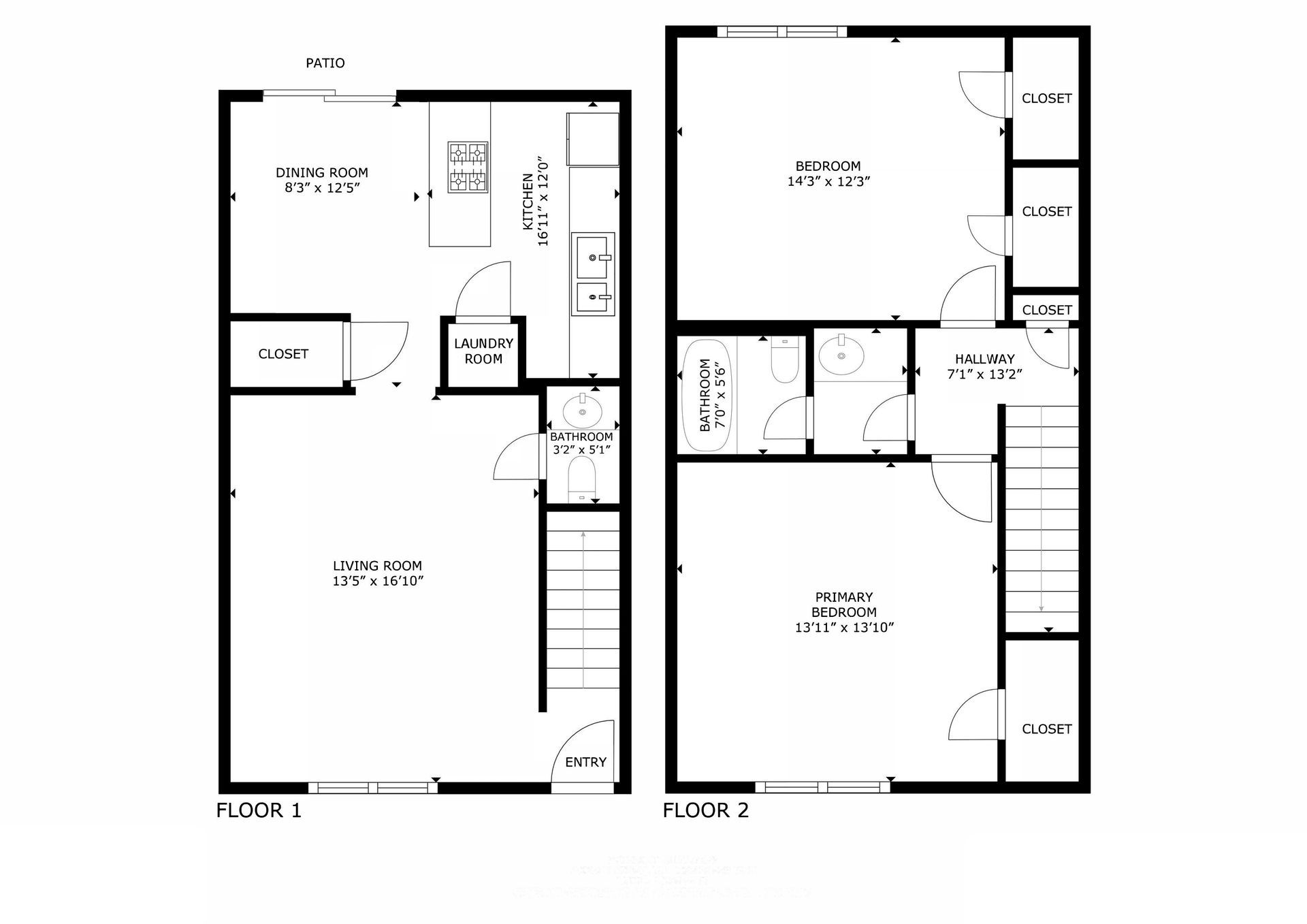 Two-story apartment floor plan with kitchen, living room, bedroom, and bathroom.