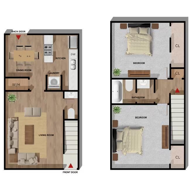 Floor plan of a two-story townhome. Shows layout of rooms: kitchen, dining, living, laundry, and bedrooms.
