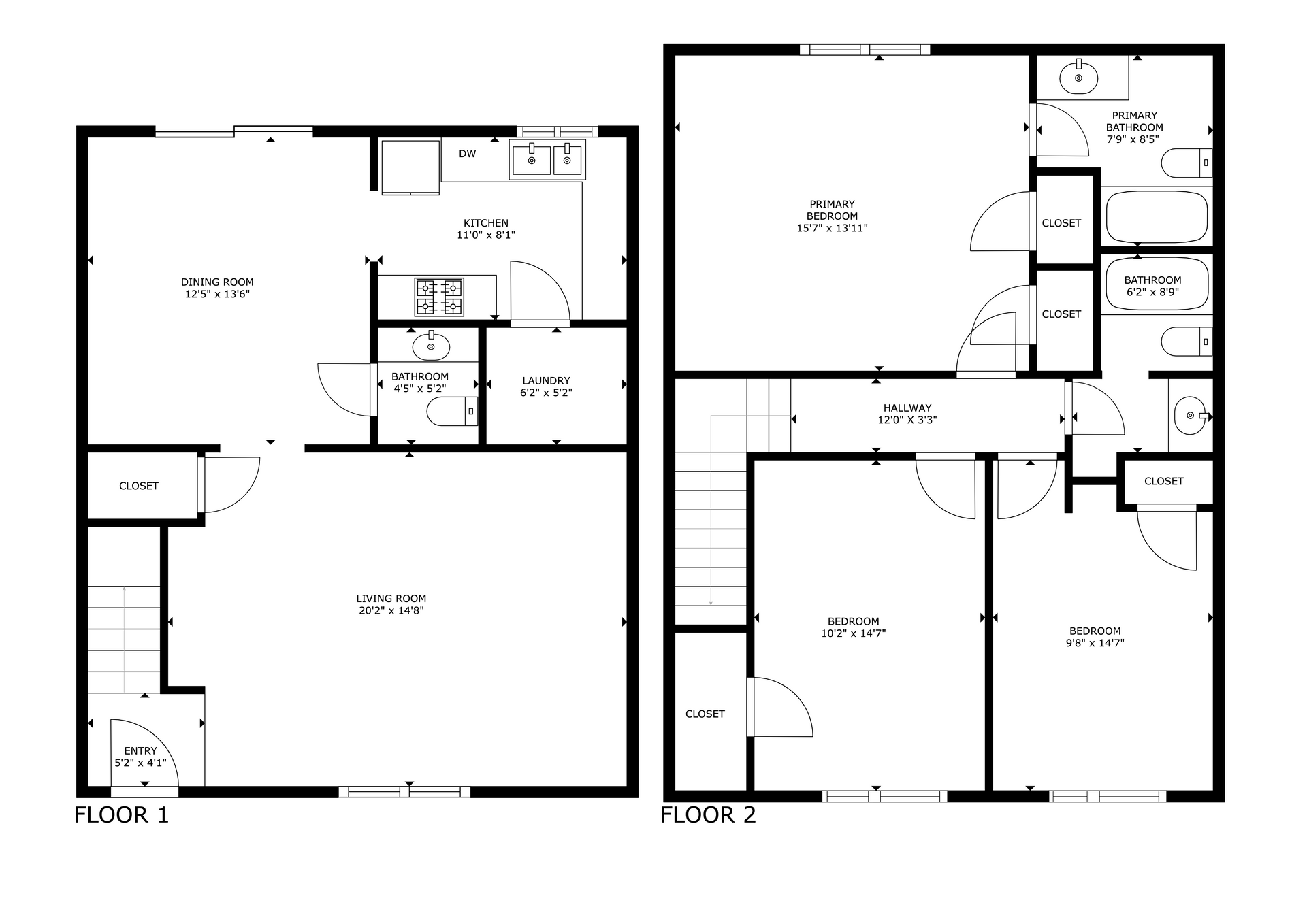 Two-story apartment floor plan with kitchen, living room, bedroom, and bathroom.