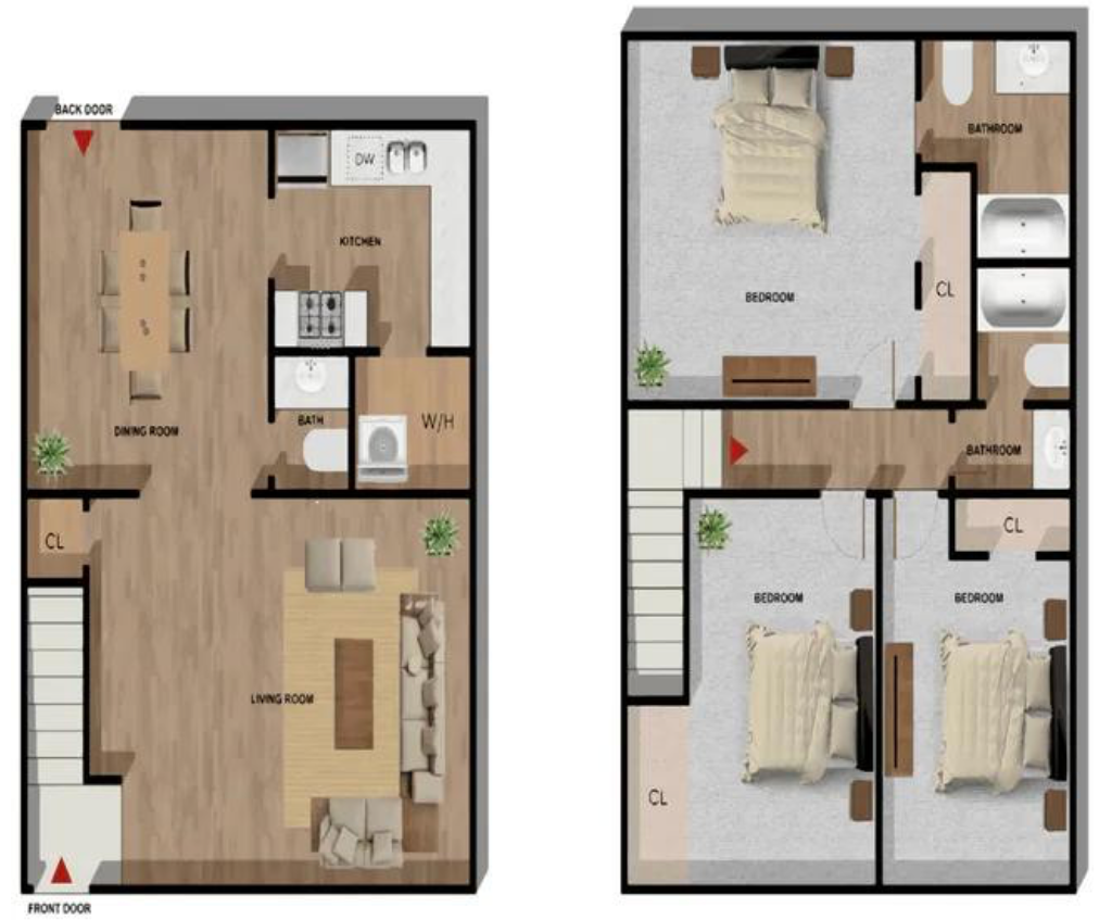 Floorplan of a two-story house with living, dining, and kitchen on the ground floor, bedrooms and bathrooms on the top.