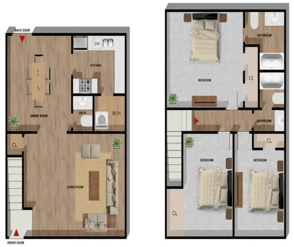 Floor plan of a multi-story townhouse. Ground floor includes living room, kitchen, and dining area. Second floor has 3 bedrooms.