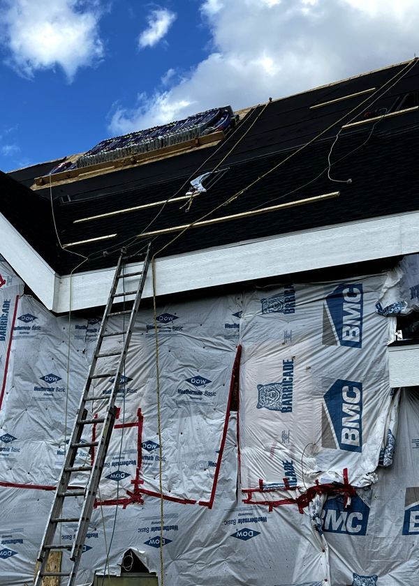 A ladder is going up to the roof of a house