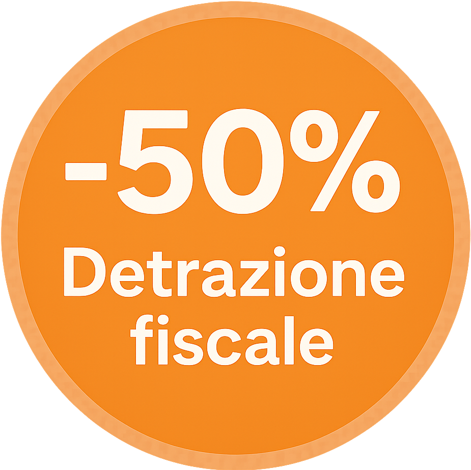 Orange circle with white text: -50% Detrazione fiscale (tax deduction).