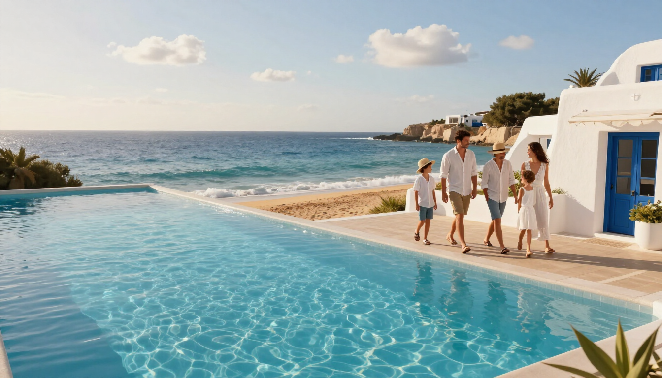 Luxury family resort in Greece with ocean view.