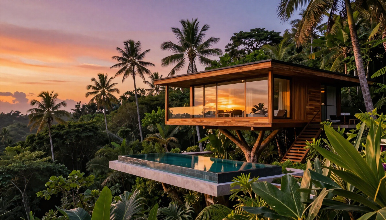 Luxury jungle treehouse villa at sunset