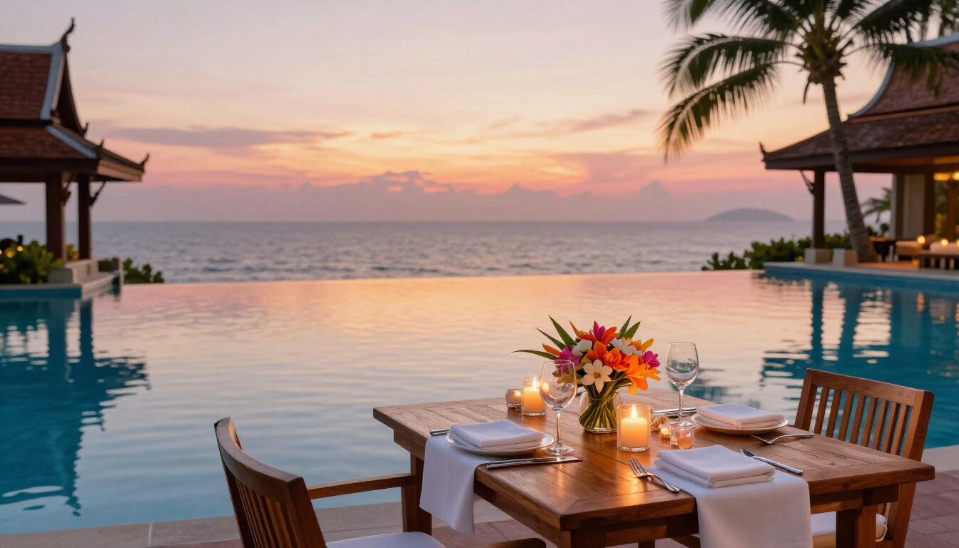 A romantic couple walking on a white sand beach in Thailand during their honeymoon.