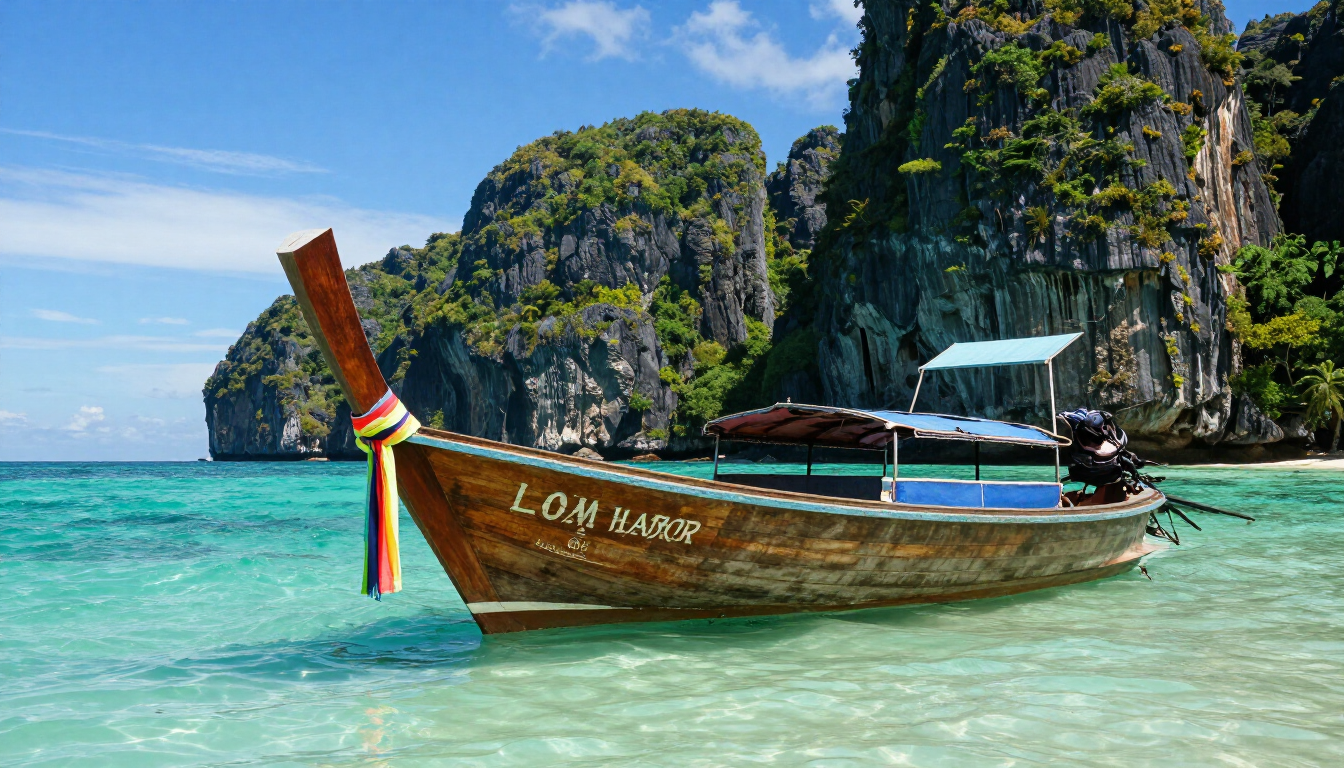 A traditional Thai longtail boat on turquoise waters