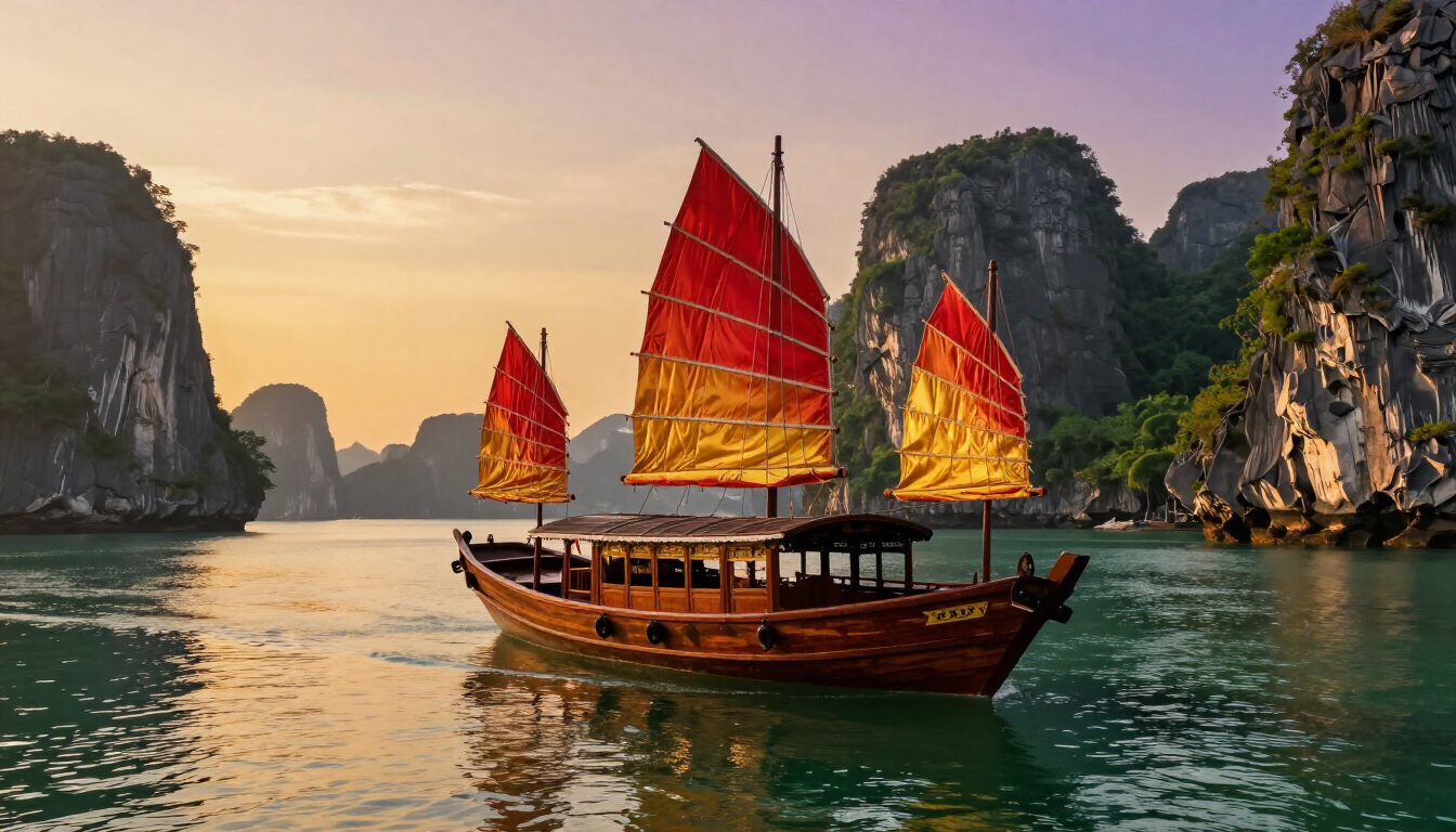 Luxury cruise ship in Halong Bay Vietnam during sunset