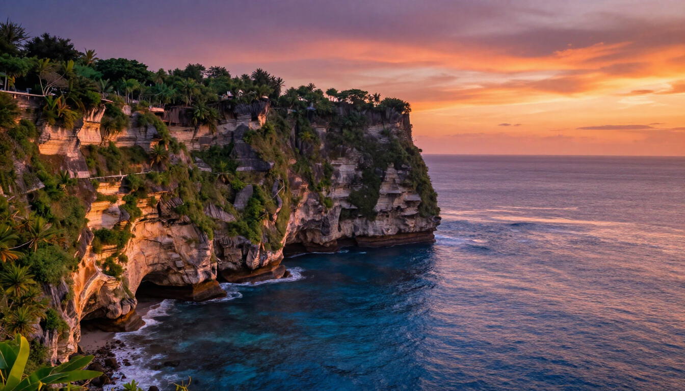 The iconic Tanah Lot temple in Bali during sunset.