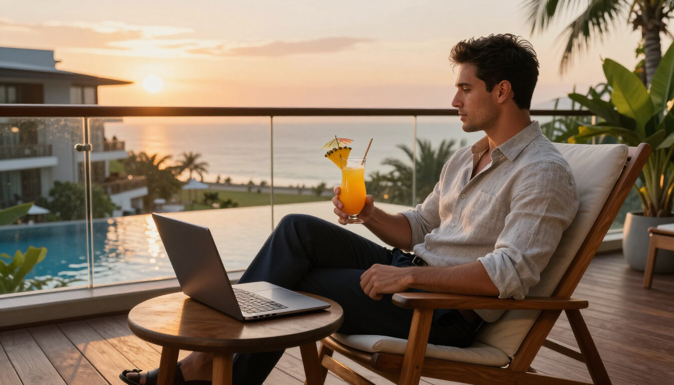 A business traveller working from a luxury tropical resort balcony.