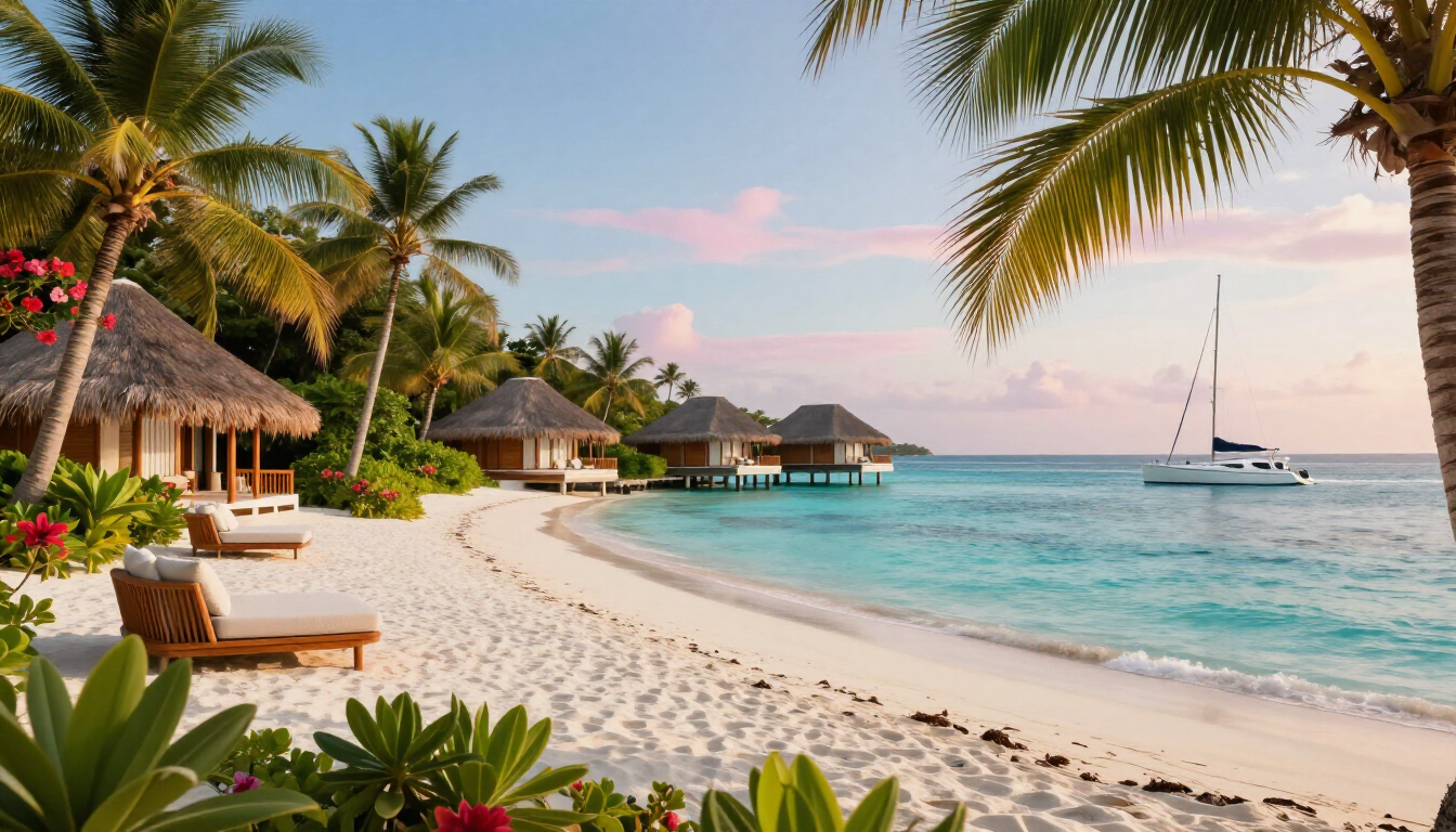 A peaceful luxury travel scene representing slow living.