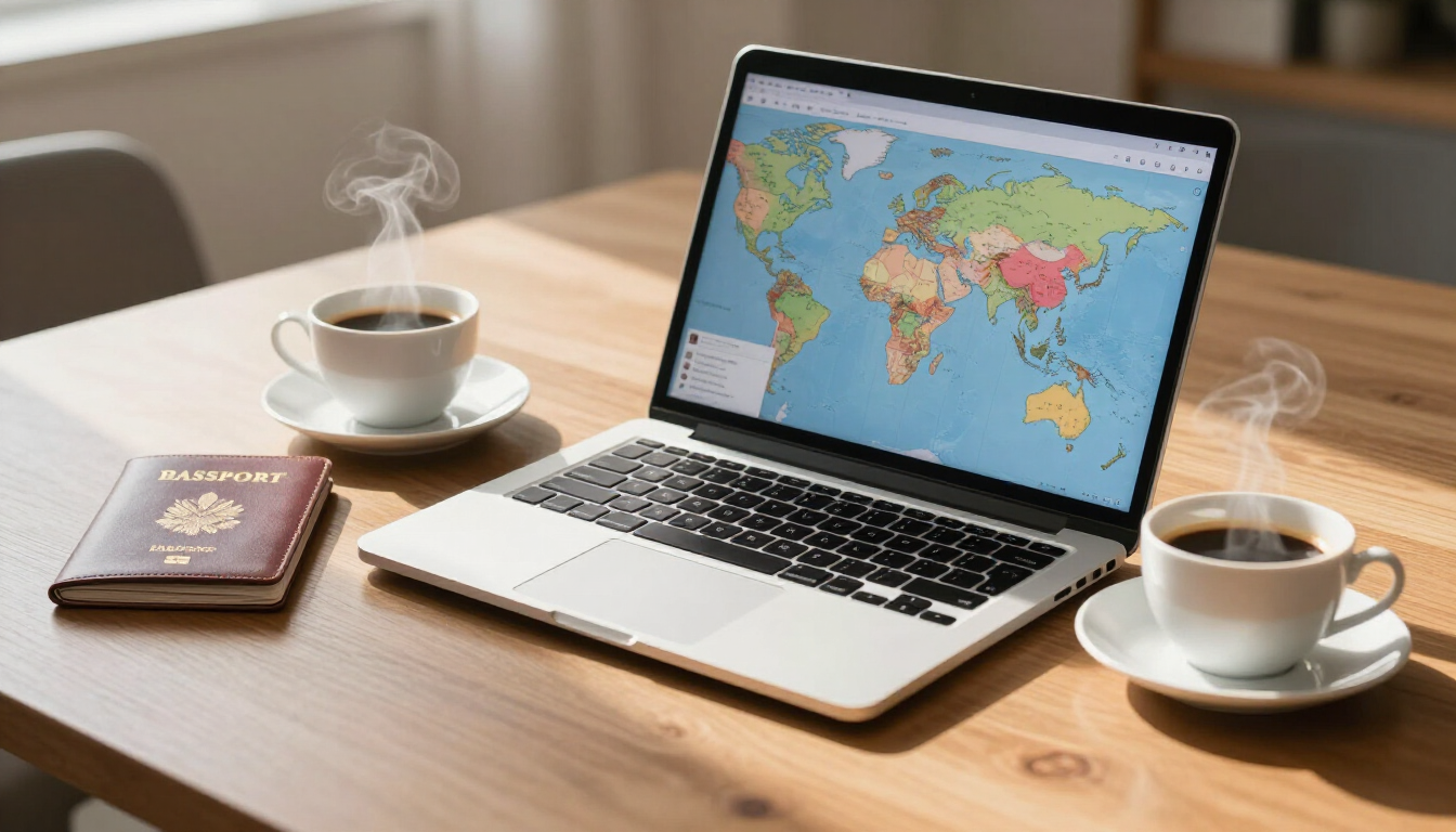 A high-end travel planning session with a laptop and maps.