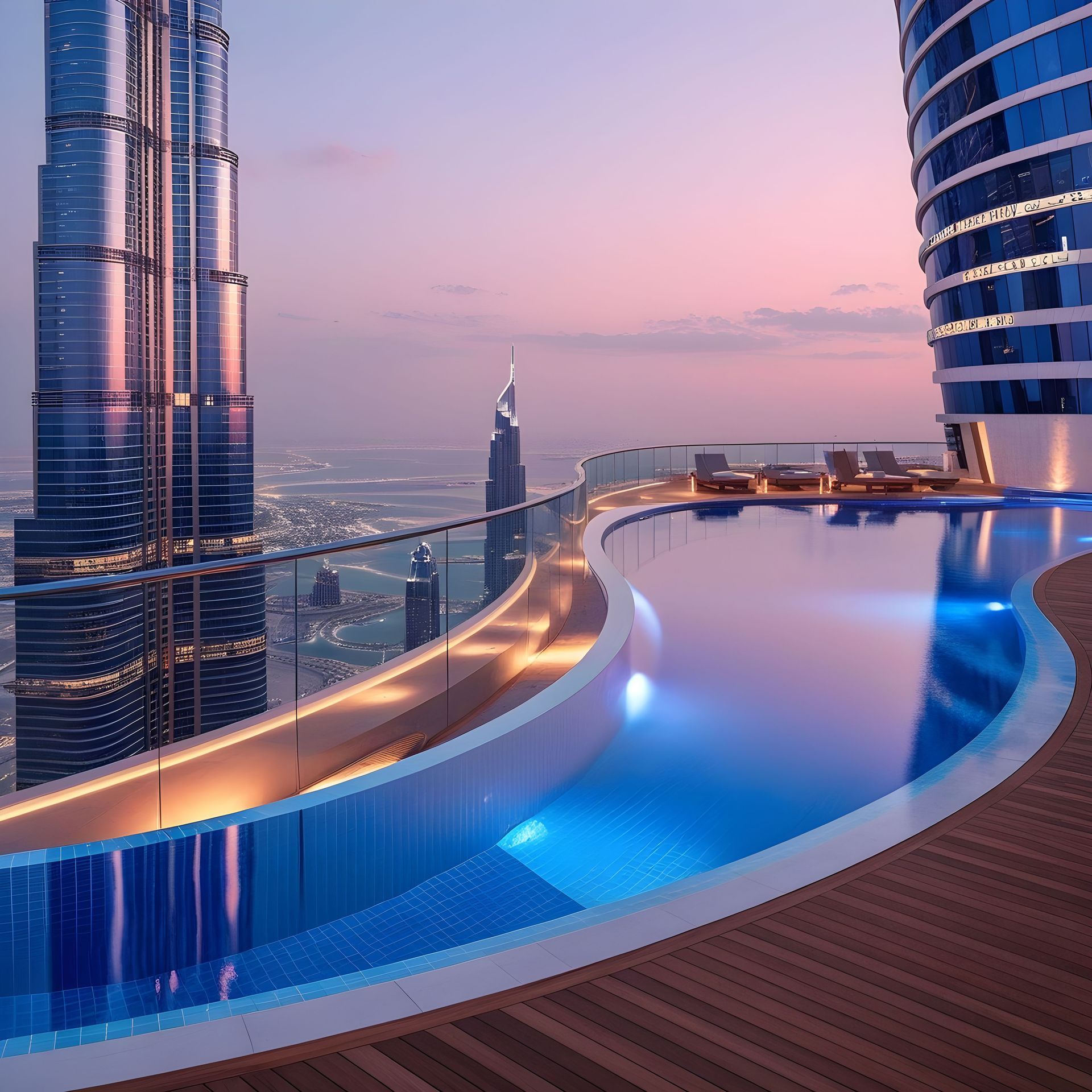 Rooftop pool overlooking Dubai skyline, including the Burj Khalifa, at sunset.