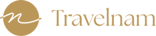 Logo for Travelnam, gold circle with white 