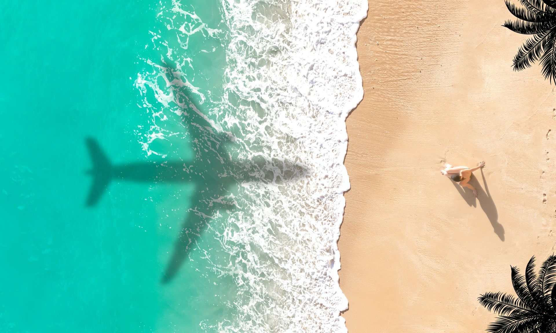Shadow of airplane over turquoise waves, sandy beach, and person sunbathing near palm trees.